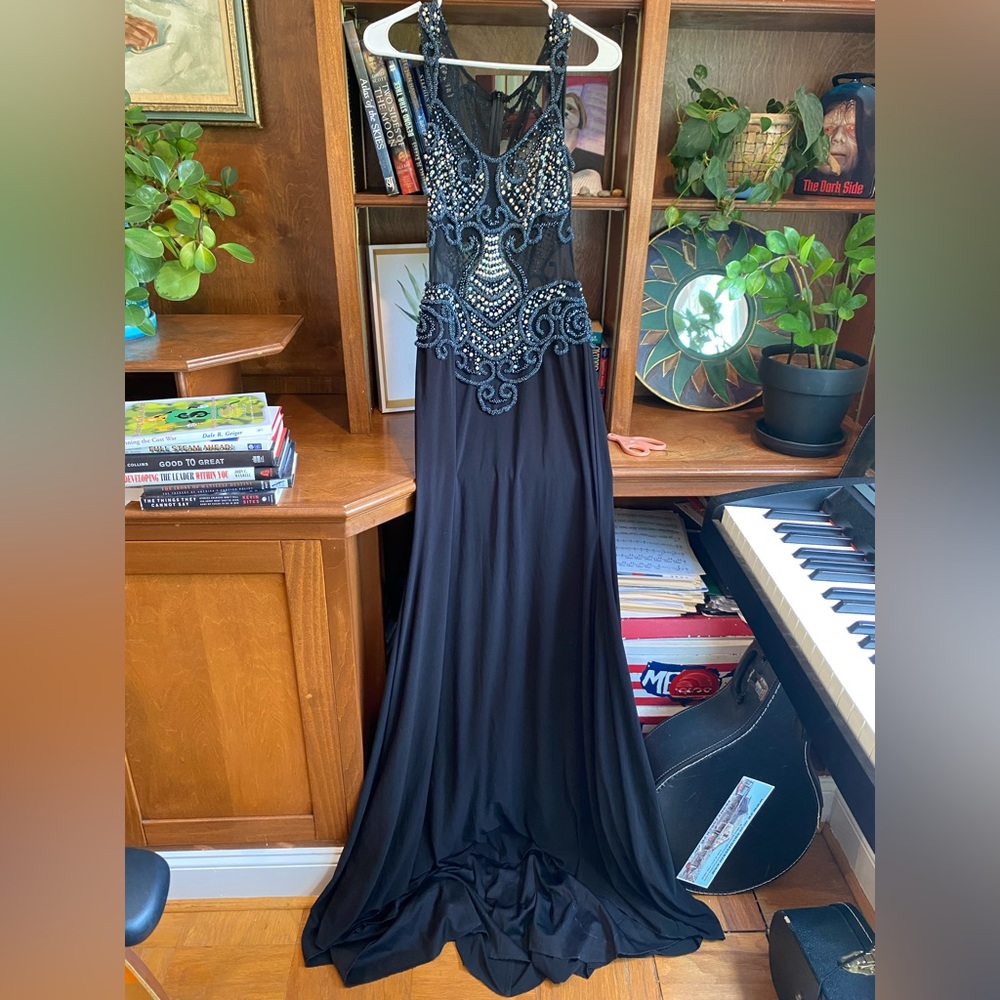 Moshita Couture Midnight Blue/Black Beaded Gown with Mesh Bodice